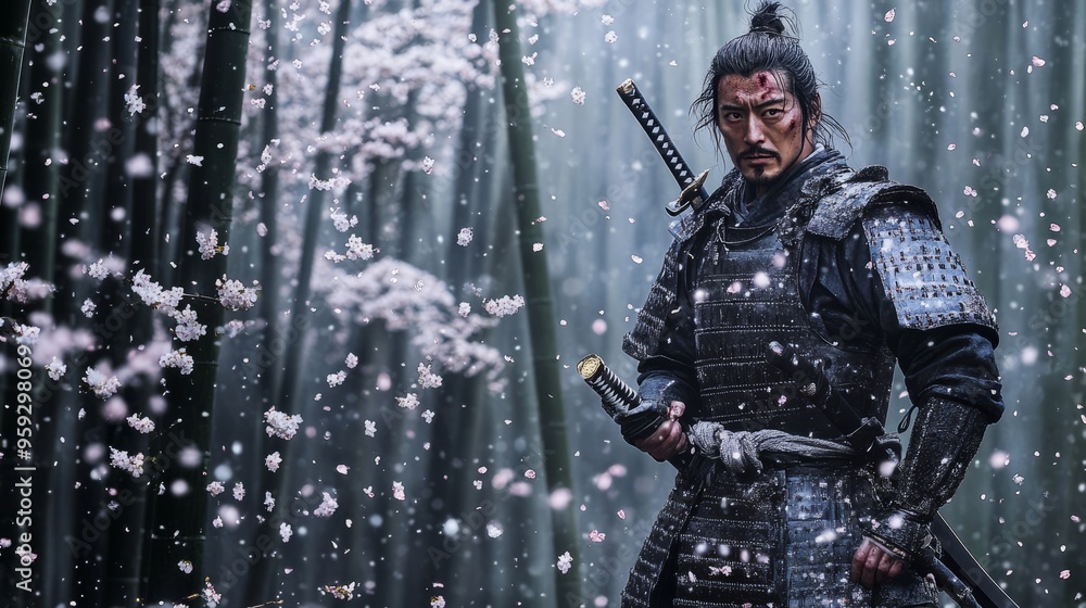 Naklejka premium Samurai Serenity: A Tranquil Moment in the Bamboo Forest with Cherry Blossoms