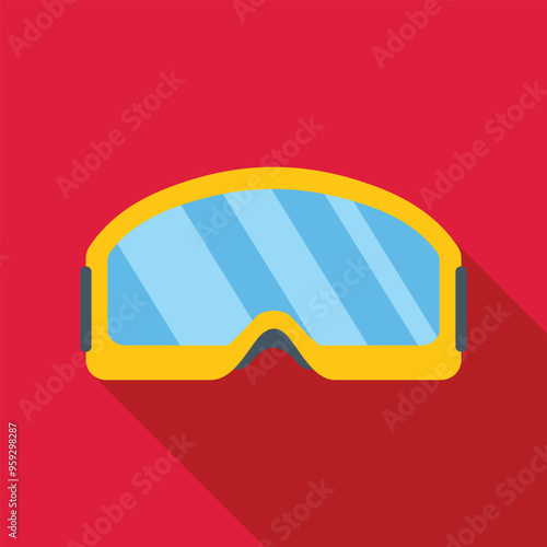 Yellow ski goggles with long shadow on red background, flat design icon