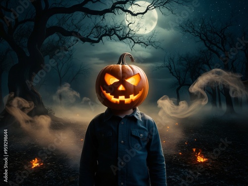 scary boy in the forest with halloween pumpkin head photo