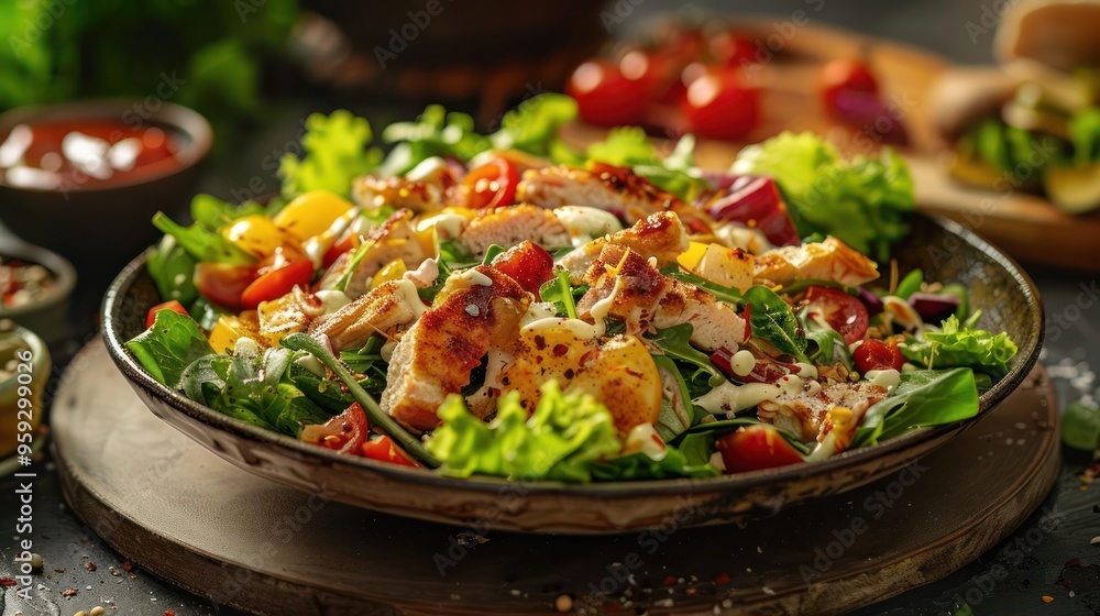 A plate of a healthy meal with salad, chicken and cheese. A plate of a healthy meal with salad, chicken and cheese.
