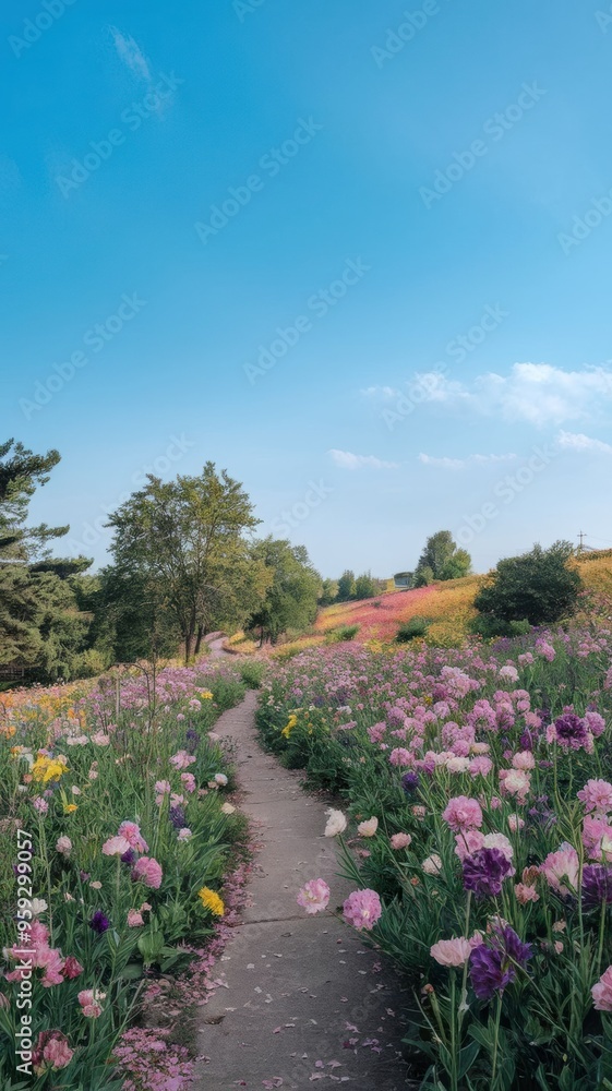 A Winding Pathway Through a Vibrant Field of May Flowers Under a Clear Blue Sky. Generative AI A Winding Pathway Through a Vibrant Field of May Flowers Under a Clear Blue Sky. Generative AI