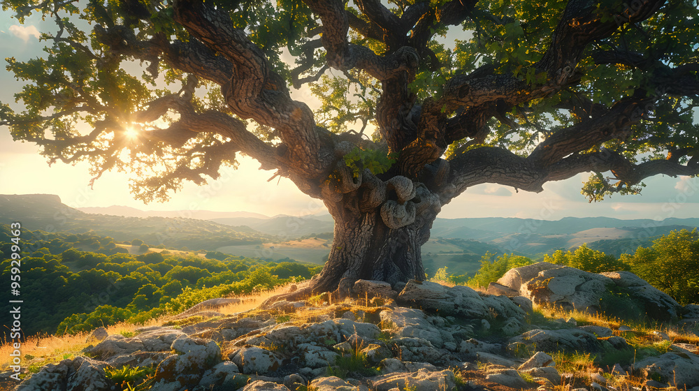 Fototapeta premium Majestic Oak Tree on Rocky Hilltop at Sunset - Realistic Nature Image