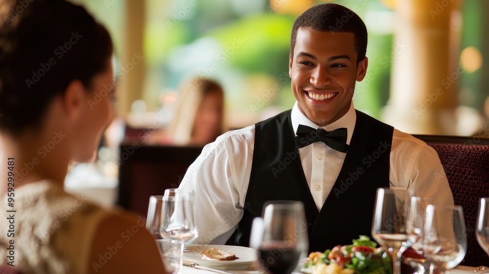 Man in a Bow Tie Smiles at a Woman at a Restaurant Table Man in a Bow Tie Smiles at a Woman at a Restaurant Table