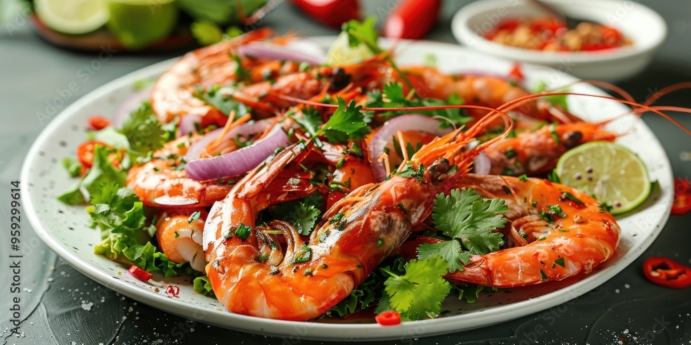 Cooked Shrimp and Seafood with Spicy Chili Sauce and Coriander Shrimp Salad with Lemon and Lime Fresh Shrimp on White Plate with Vegetables Cooked Shrimp and Seafood with Spicy Chili Sauce and Coriander Shrimp Salad with Lemon and Lime Fresh Shrimp on White Plate with Vegetables