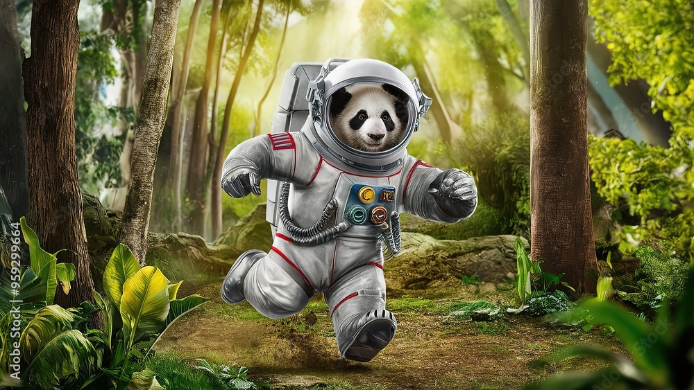 Panda astronaut in a space suit running through a forest. made with generative Ai Panda astronaut in a space suit running through a forest. made with generative Ai
