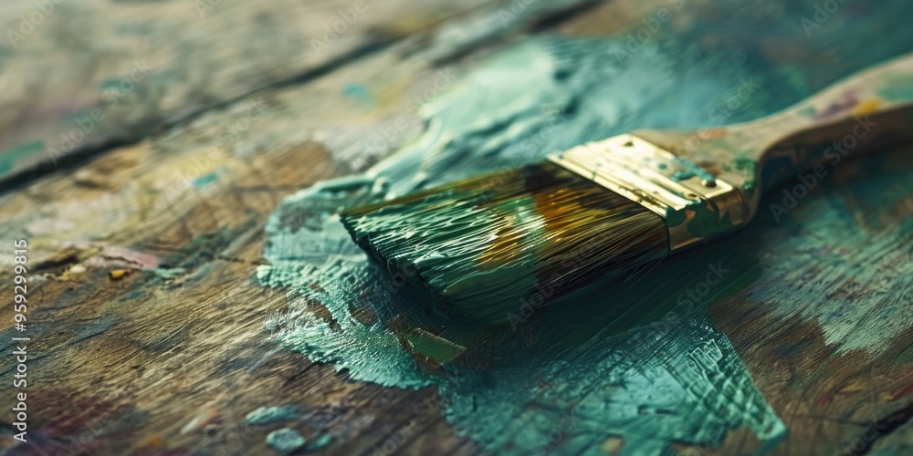 Close up of wide decorator s paint brush bristles covered in green paint painting a wooden surface Close up of wide decorator s paint brush bristles covered in green paint painting a wooden surface