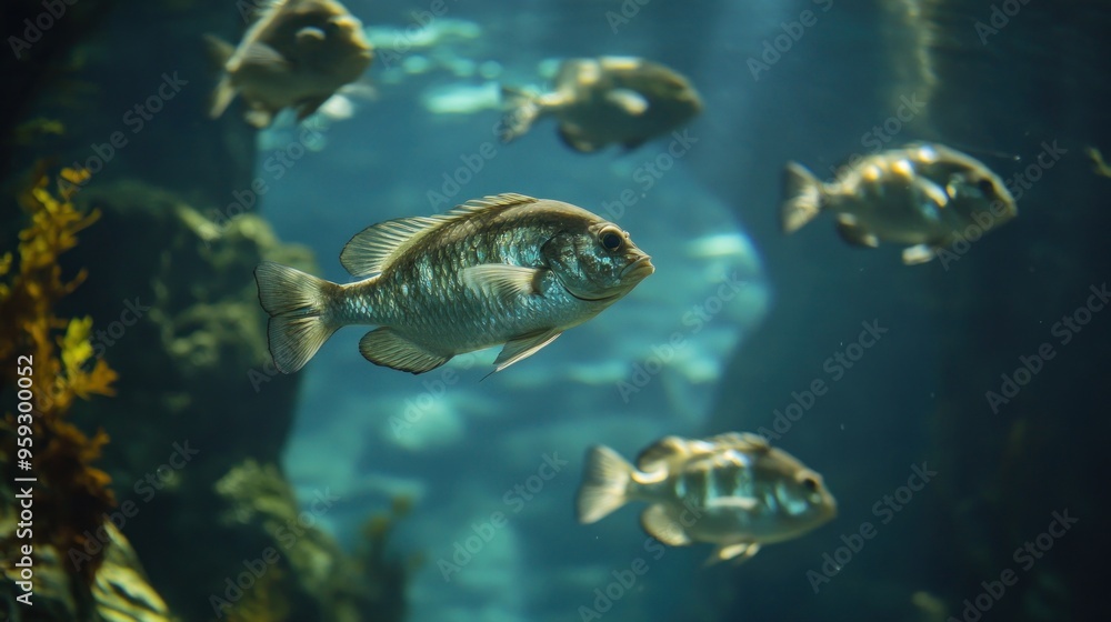 A School of Fish Swimming Through Clear Blue Water A School of Fish Swimming Through Clear Blue Water