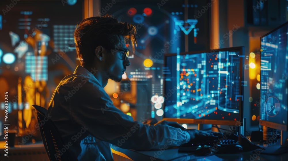 Hacker in profile at a desk using a computer, with a dynamic digital tech circle in the foreground, set against a blurred dark office backdrop. The image emphasizes themes of big data and hacking Hacker in profile at a desk using a computer, with a dynamic digital tech circle in the foreground, set against a blurred dark office backdrop. The image emphasizes themes of big data and hacking