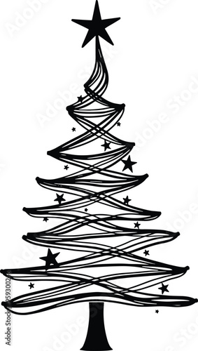 Christmas Tree Doodle Hand Drawn Vector Illustration Black and White silhouette with stars