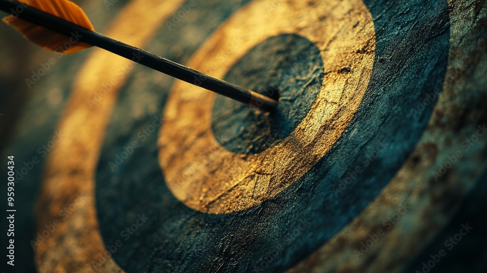 A Close-Up of a Yellow-Feathered Arrow Hitting Bullseye on a Worn Target A Close-Up of a Yellow-Feathered Arrow Hitting Bullseye on a Worn Target