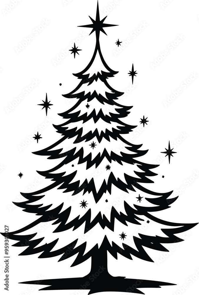 Obraz premium Christmas Tree Doodle Hand Drawn Vector Illustration Black and White silhouette with stars