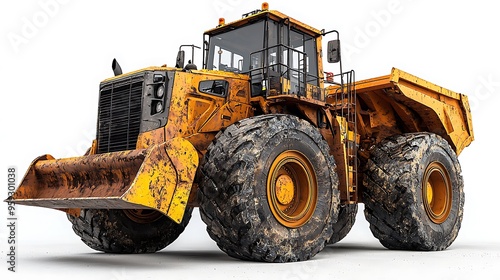 A commanding yellow dump truck, perfect for construction, isolated on a white canvas.