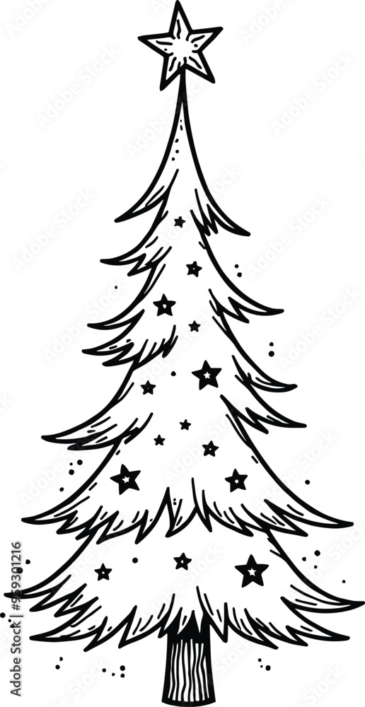 Obraz premium Christmas Tree Doodle Hand Drawn Vector Illustration Black and White silhouette with stars