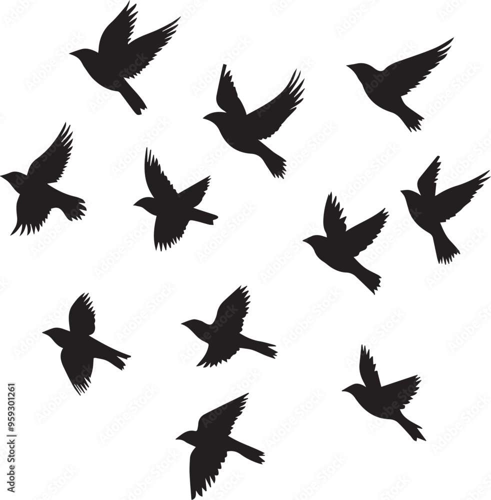 Set of silhouettes of birds, Silhouette vector of sparrows in flight icon Set of silhouettes of birds, Silhouette vector of sparrows in flight icon