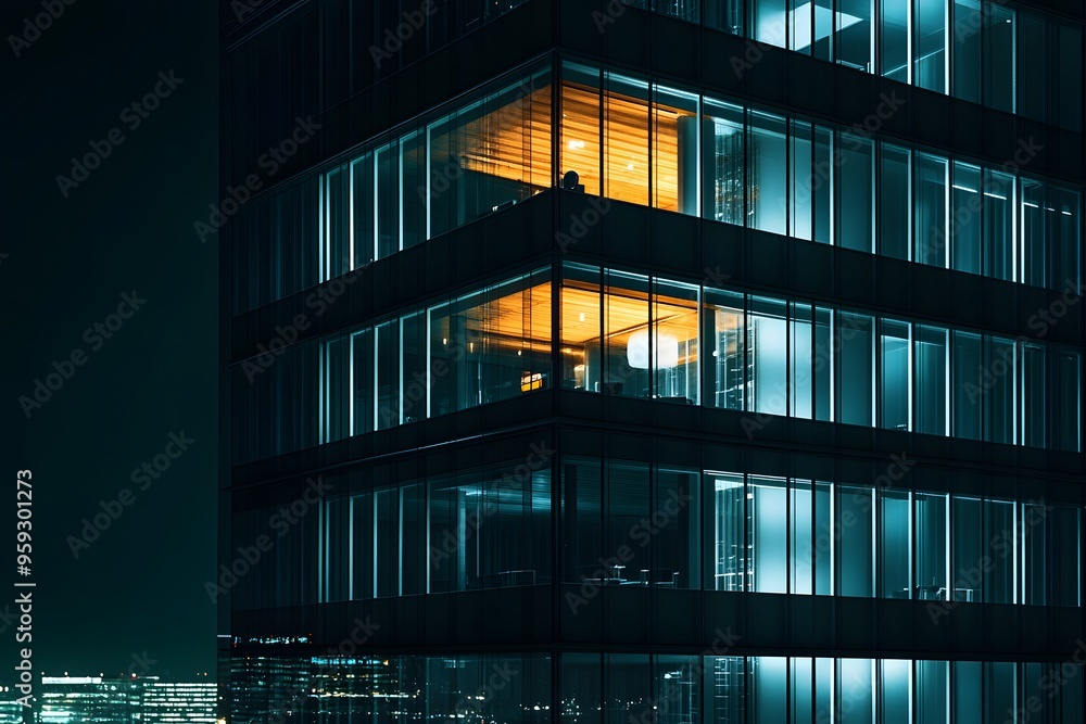 Illuminated Office Windows in a Modern Skyscraper at Night Illuminated Office Windows in a Modern Skyscraper at Night