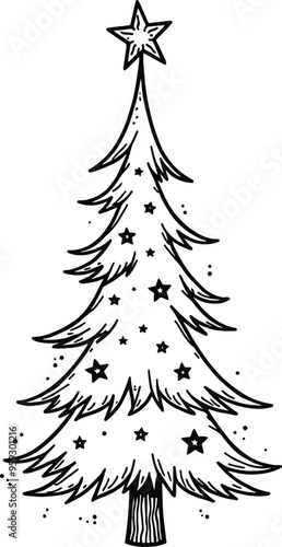 Christmas Tree Doodle Hand Drawn Vector Illustration Black and White silhouette with stars