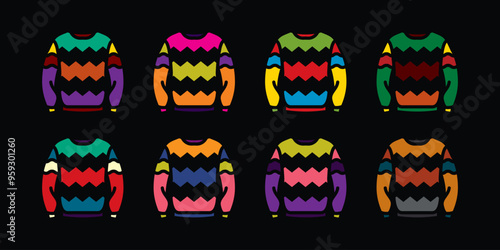 Original vector icon set in vintage style. Warm knitted sweater with a pattern.