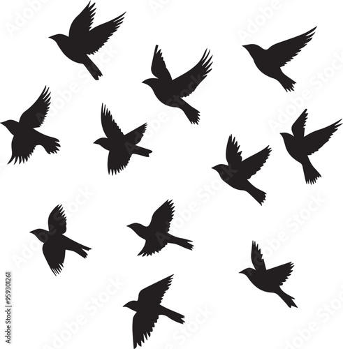 Set of silhouettes of birds, Silhouette vector of sparrows in flight icon