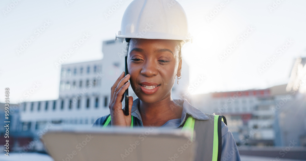 Tablet, phone call and construction engineer on site with communication for contract city planning. Digital technology, industry and woman civil worker with mobile discussion for renovation approval Tablet, phone call and construction engineer on site with communication for contract city planning. Digital technology, industry and woman civil worker with mobile discussion for renovation approval