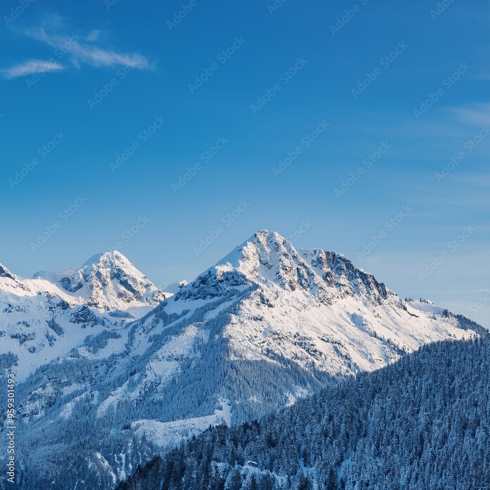 Majestic snow-capped mountain peaks under a clear blue sky in winter Majestic snow-capped mountain peaks under a clear blue sky in winter