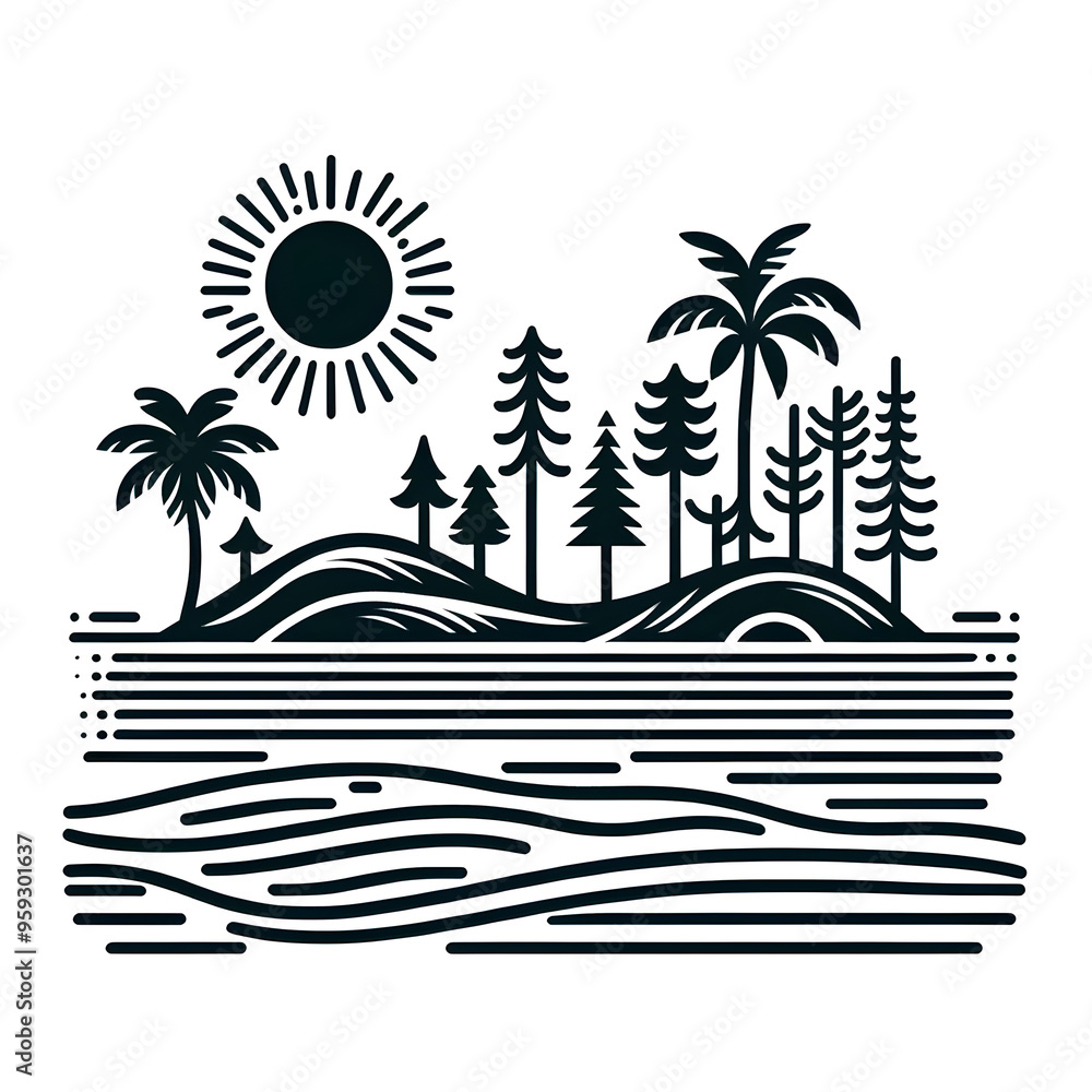 an island silhouette with trees, sea, and sun an island silhouette with trees, sea, and sun