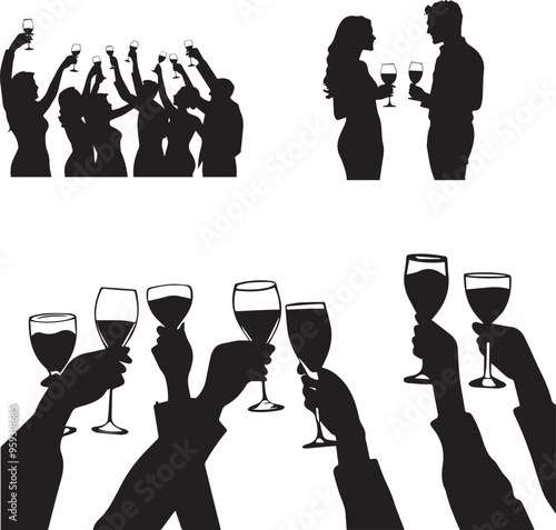 Silhouette of people with champagne, Silhouette of guests raising glasses in a toast vector