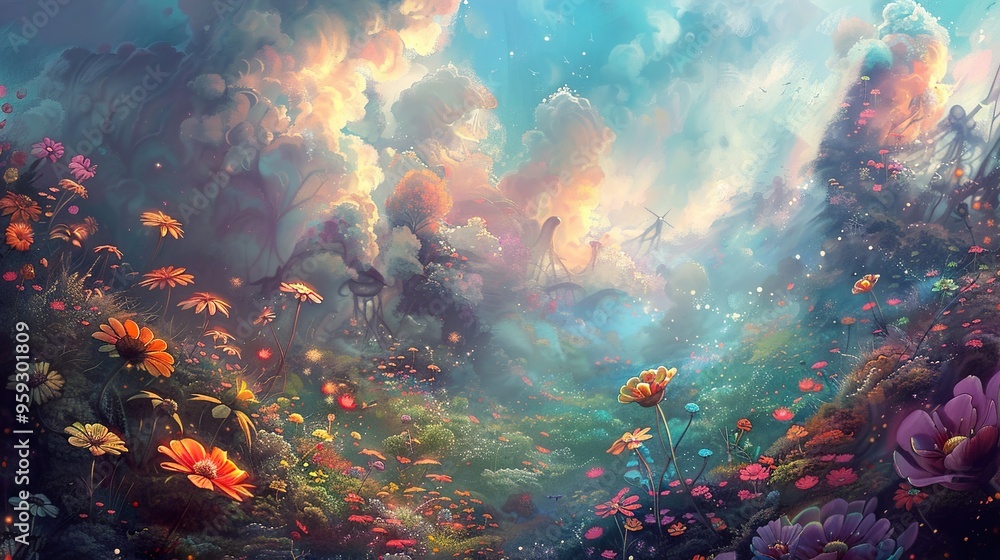 A vibrant field of flowers reaches towards a colorful, swirling sky. A vibrant field of flowers reaches towards a colorful, swirling sky.