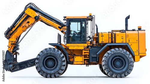 A yellow construction vehicle with a crane arm, isolated on a white background, ready for heavy-duty work.