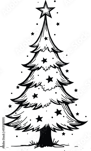 Christmas Tree Doodle Hand Drawn Vector Illustration Black and White silhouette with stars