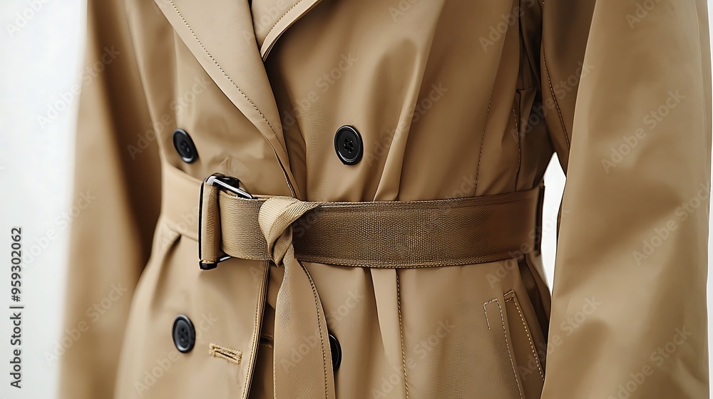 A beige trench coat featuring a black belt and buttons, blending timeless elegance with a bold accent. A beige trench coat featuring a black belt and buttons, blending timeless elegance with a bold accent.