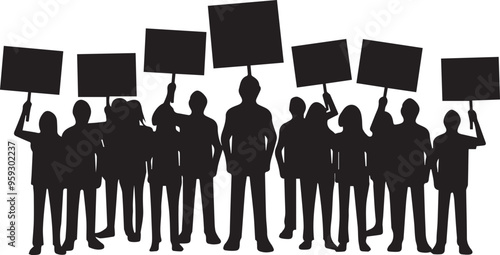 Silhouette vector of people protesting icon, group of people holding banners in hands vector