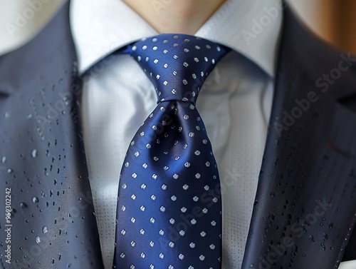 Close-up of a navy blue suit jacket with a white shirt and a patterned blue tie.