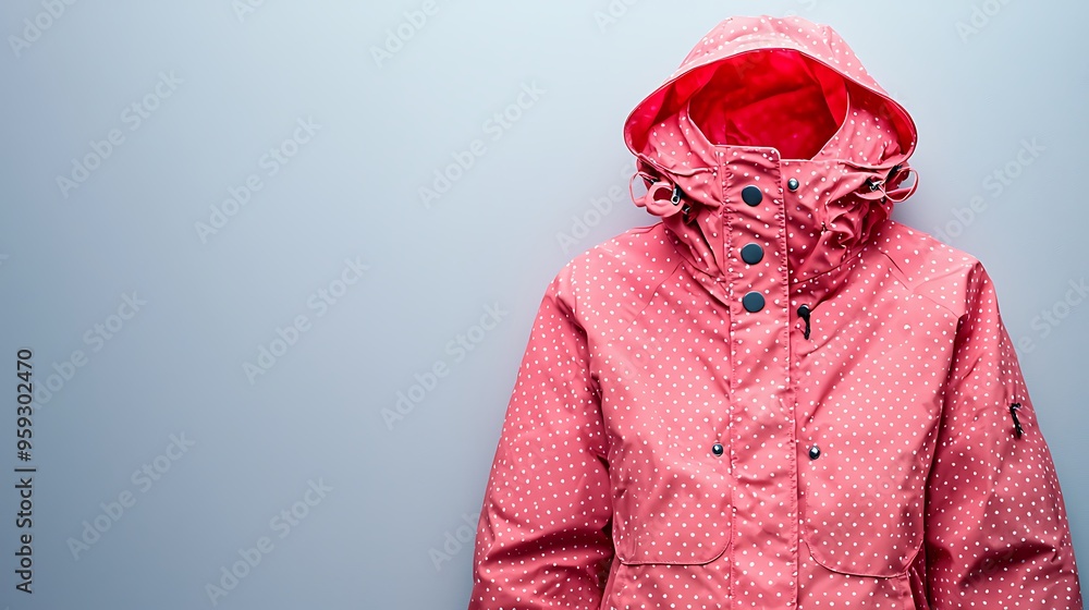A pink polka dot raincoat with a hood, combining charm and weather protection in a fun design. A pink polka dot raincoat with a hood, combining charm and weather protection in a fun design.