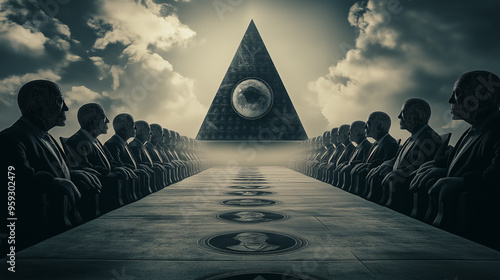 Politicians sitting at table having meeting with all seeing eye pyramid above