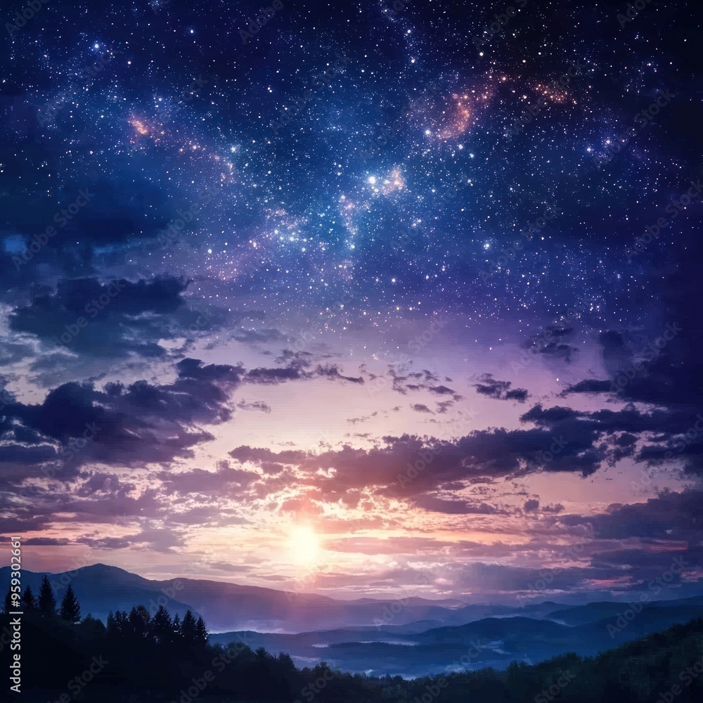 Starry sky over a mountain range at sunset. Starry sky over a mountain range at sunset.