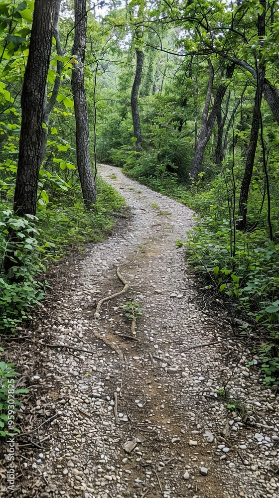 Fototapeta premium A winding path through a dense forest, leading into the unknown.