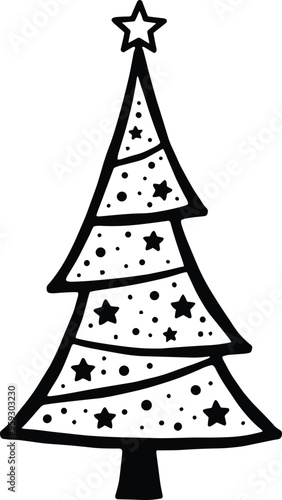 Christmas Tree Doodle Hand Drawn Vector Illustration Black and White silhouette with stars