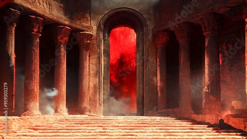 Close Up Video Of Ancient Gateway With Intense Red Light And Smoky Surroundings