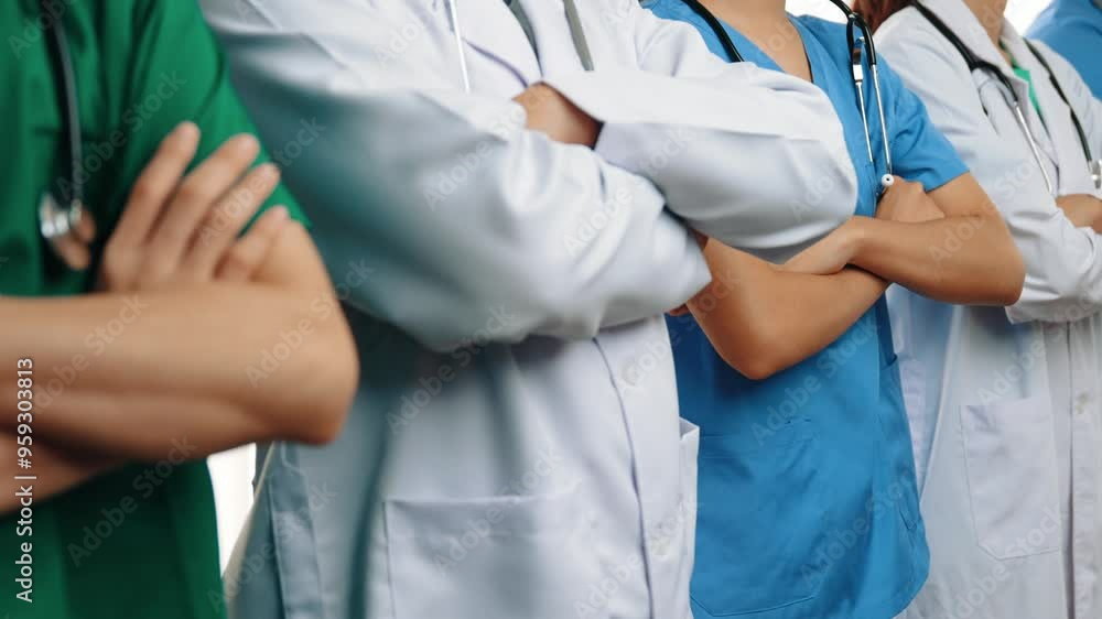 Confident and professional team of medical staff stand in line together as healthcare service and doctor leadership at hospital. Teamwork lead to successful medical treatment.Slow motion. Rigid. Confident and professional team of medical staff stand in line together as healthcare service and doctor leadership at hospital. Teamwork lead to successful medical treatment.Slow motion. Rigid.