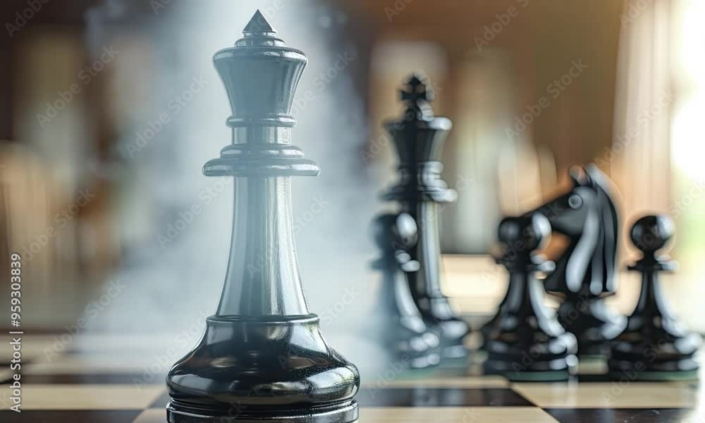 Black chess pieces stand tall on a chessboard, with mist floating around them Black chess pieces stand tall on a chessboard, with mist floating around them