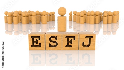 ESFJの文字が印字された木製ブロックと木製棒人間