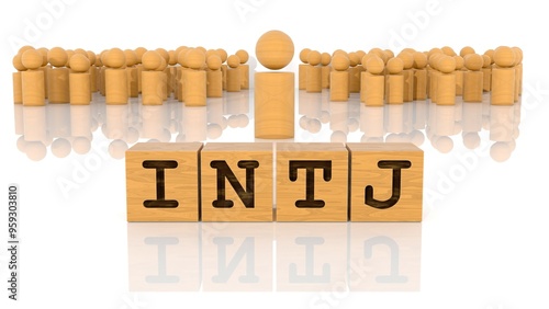 INTJの文字が印字された木製ブロックと木製棒人間