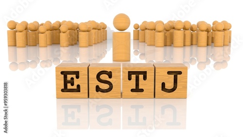 ESTJの文字が印字された木製ブロックと木製棒人間