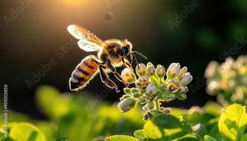 Bee pollination in a flower garden, natural and vital, Nature, Soft greens, Photograph, Ecosystem detail