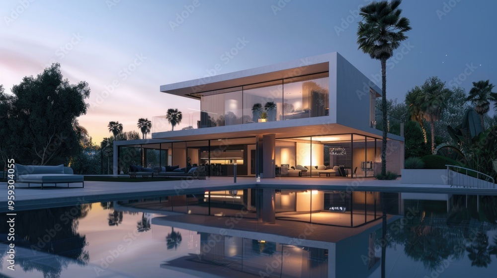 Fototapeta premium Modern Luxurious House at Dusk, Poolside Serenity 