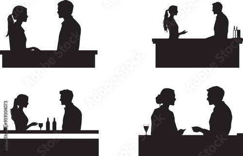  Silhouette of a receptionist behind a front desk, interacting with a guest vector icon