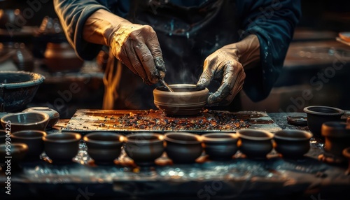 Ceramic studio with pottery in progress, artistic and handson, Artisan, Earth tones, Photograph, Craftsmanship