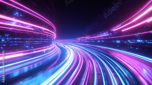 Digital Highway: A mesmerizing abstract 3D render of a futuristic highway, illuminated by vibrant neon pink and blue lights, symbolizing the speed and power of technology. This image evokes a sense of