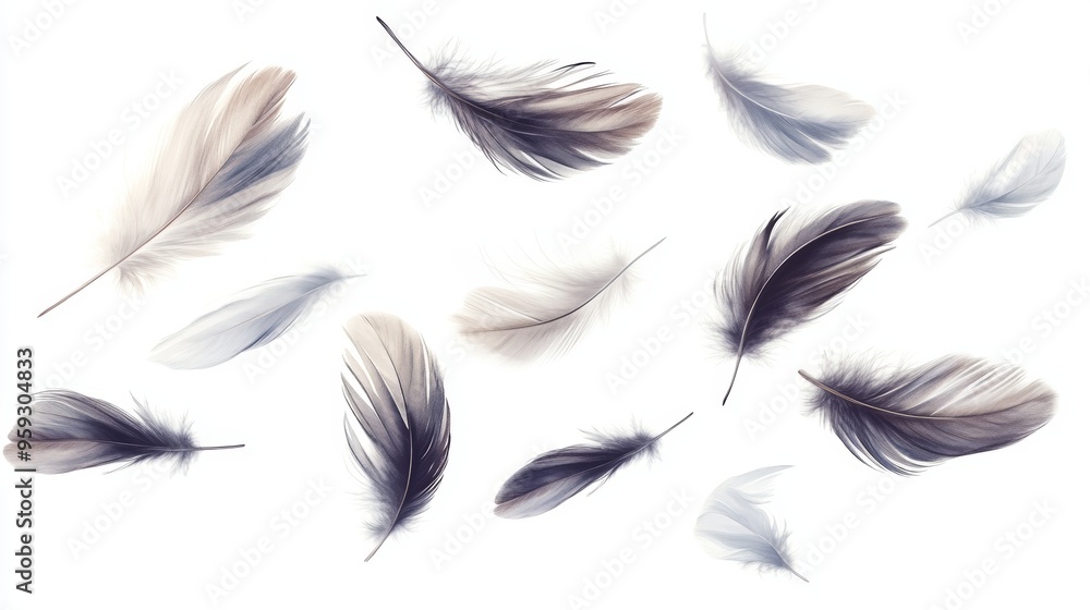Feathers in Flight: A delicate ballet of soft, gray and beige feathers dances against a crisp white background. Their intricate textures and graceful forms evoke a sense of lightness and freedom. Feathers in Flight: A delicate ballet of soft, gray and beige feathers dances against a crisp white background. Their intricate textures and graceful forms evoke a sense of lightness and freedom.