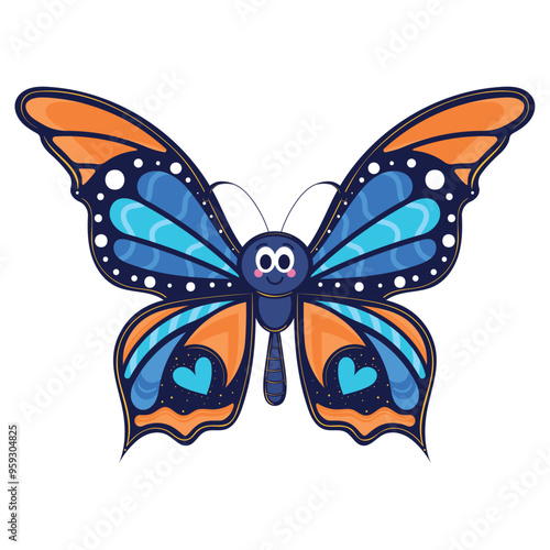 Colorful blue and orange butterfly with smiling face Vector